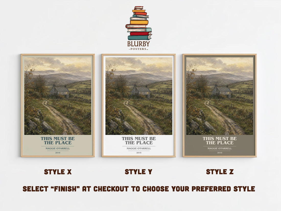 This Must Be the Place book cover print in frame leaning in hallway – contemporary fiction wall art (mockup)