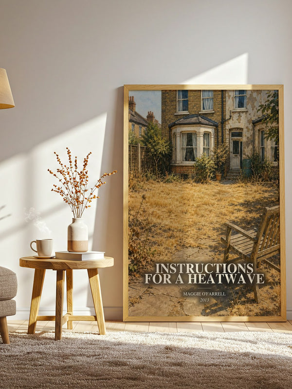 Instructions for a Heatwave watercolour print in frame leaning in hallway – contemporary fiction wall art