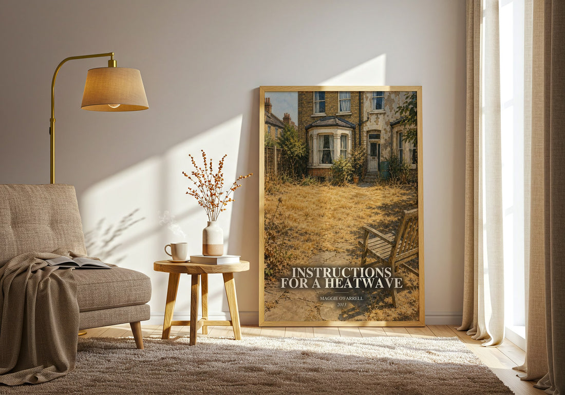 Instructions for a Heatwave watercolour print in frame leaning in hallway – contemporary fiction wall art (mockup)