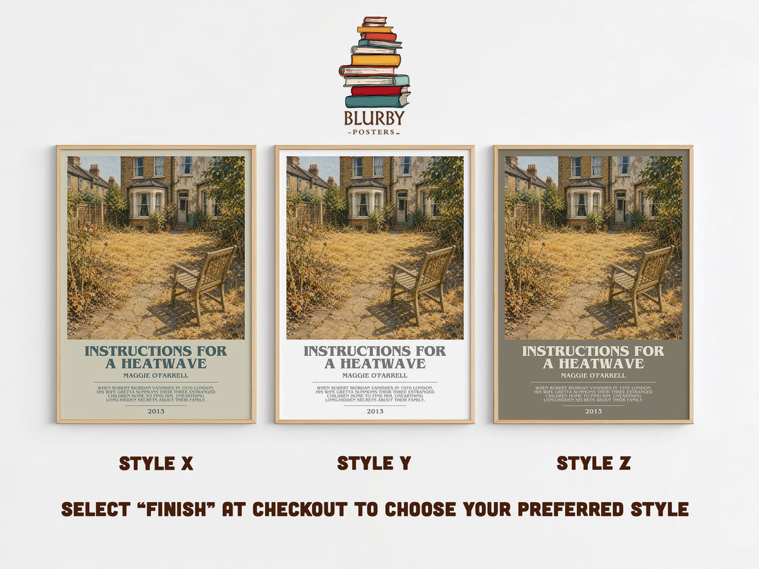 Instructions for a Heatwave bookish print in frame leaning in hallway – contemporary fiction wall art (mockup)