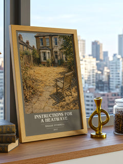 Instructions for a Heatwave book cover print framed by window – literary home decor