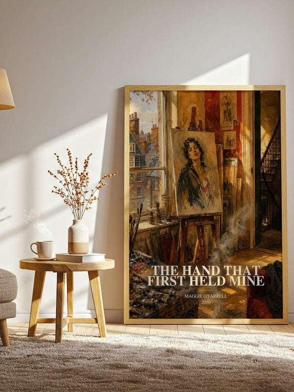 The Hand That First Held Mine watercolour print in frame leaning in hallway – contemporary fiction wall art