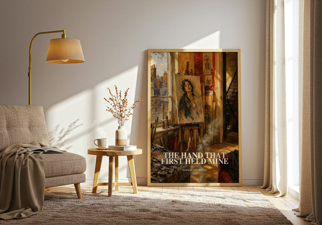 The Hand That First Held Mine watercolour print in frame leaning in hallway – contemporary fiction wall art (mockup)