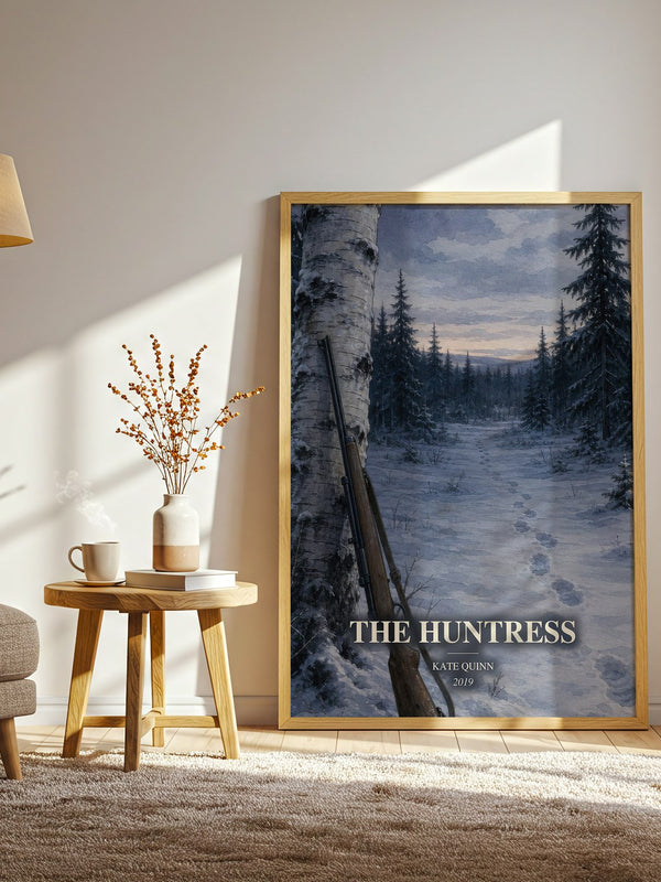 The Huntress watercolour print in frame leaning in hallway – historical fiction wall art