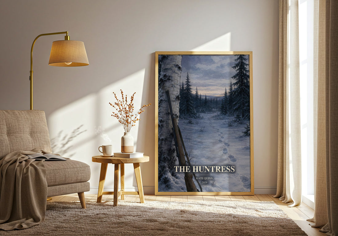 The Huntress watercolour print in frame leaning in hallway – historical fiction wall art (mockup)