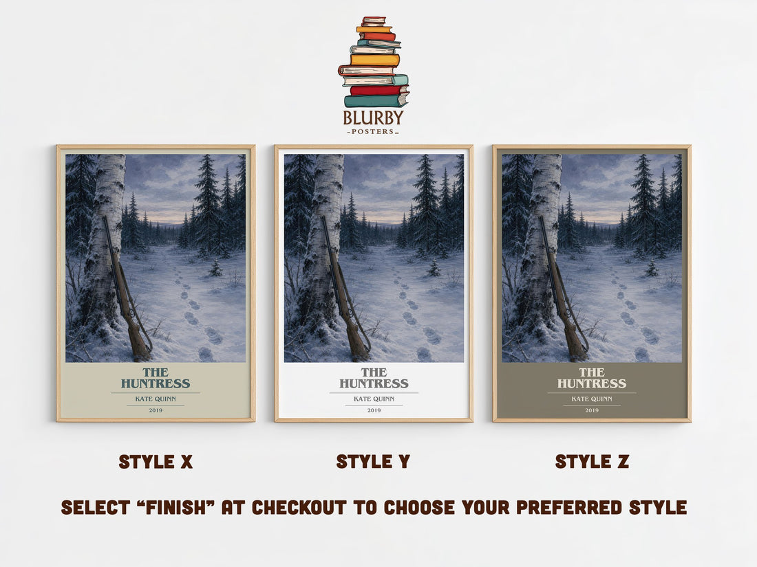 The Huntress book cover print in frame leaning in hallway – historical fiction wall art (mockup)