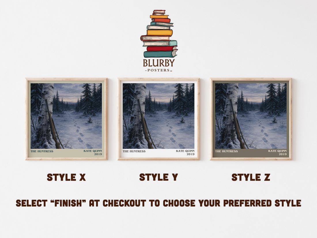 The Huntress literary print in frame leaning in hallway – historical fiction wall art (mockup)