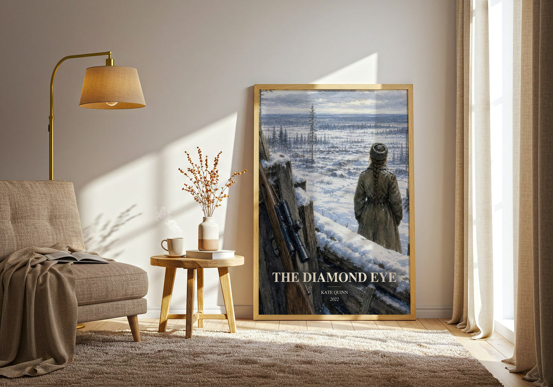 The Diamond Eye watercolour print in frame leaning in hallway – historical fiction wall art (mockup)