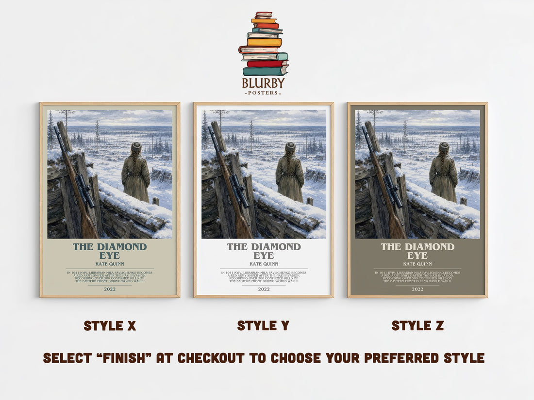 The Diamond Eye bookish print in frame leaning in hallway – historical fiction wall art (mockup)