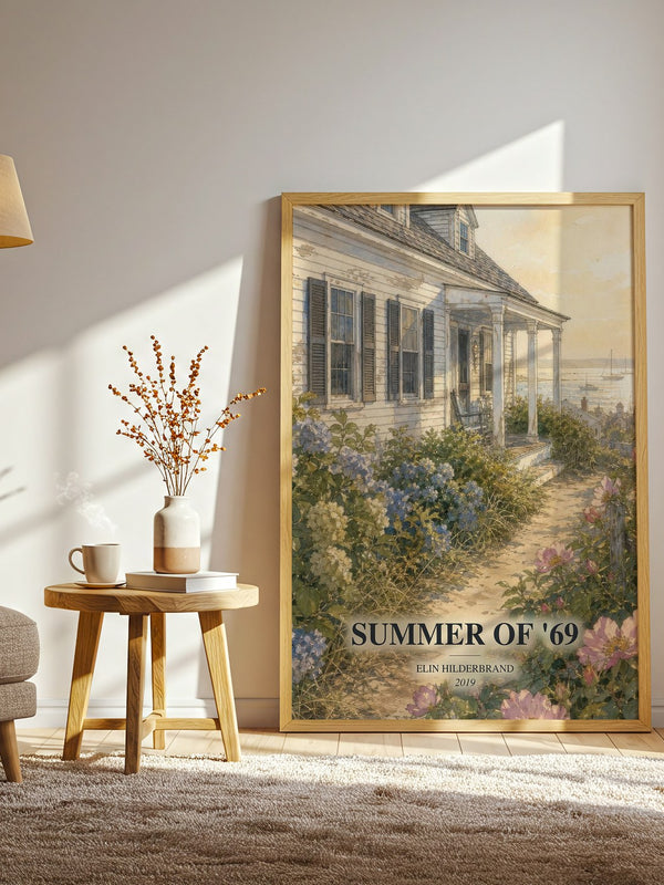 Summer of '69 watercolour print in frame leaning in hallway – contemporary fiction wall art