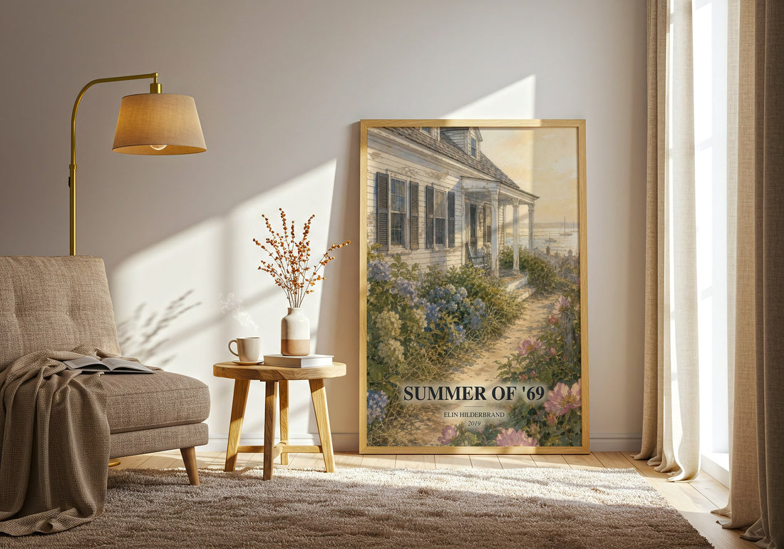 Summer of '69 watercolour print in frame leaning in hallway – contemporary fiction wall art (mockup)