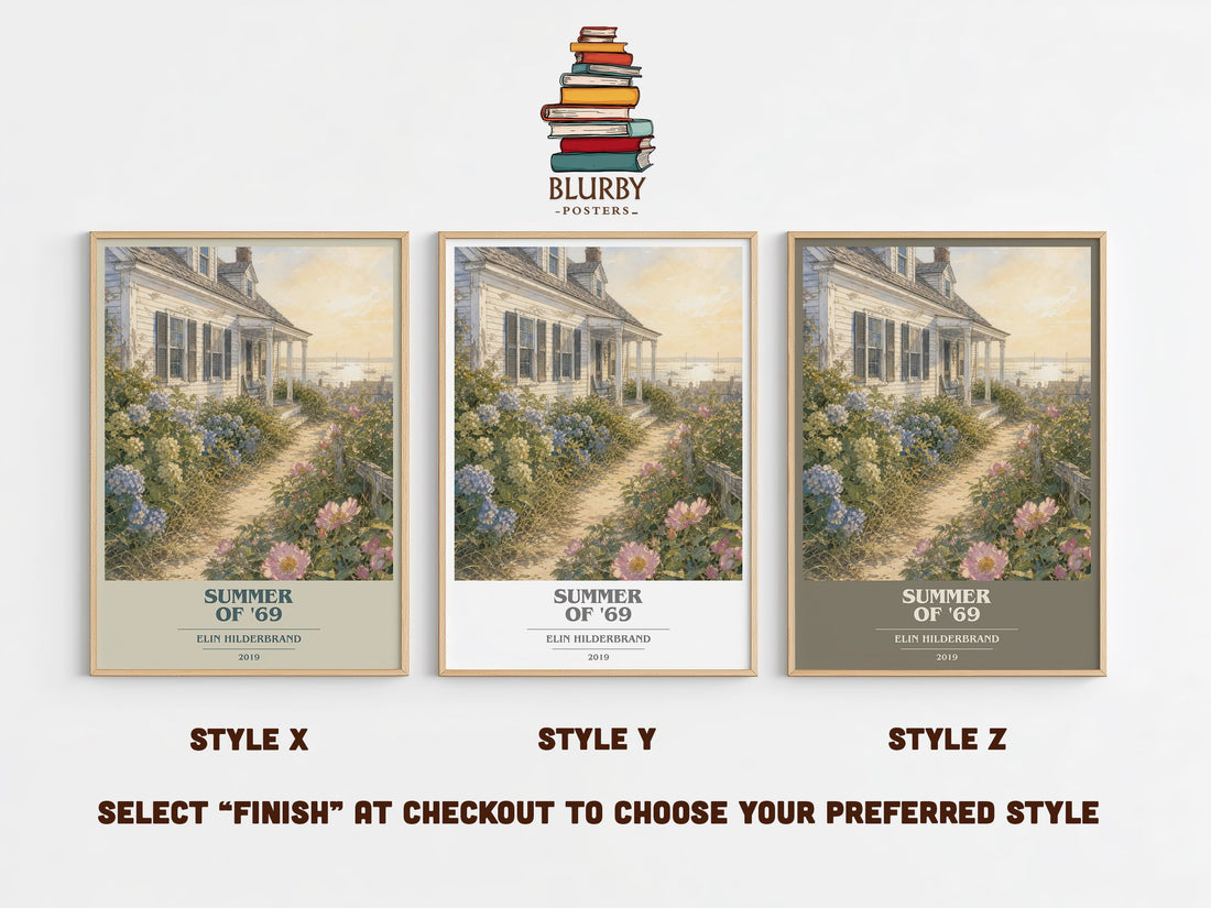 Summer of '69 book cover print in frame leaning in hallway – contemporary fiction wall art (mockup)