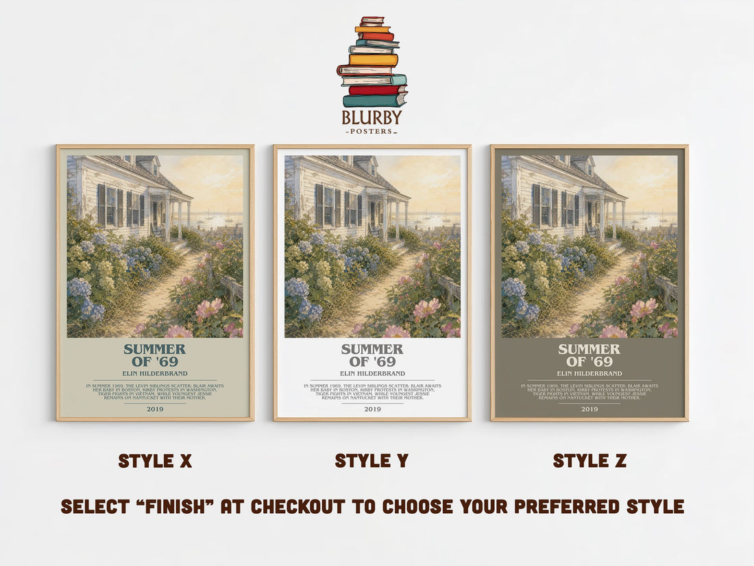 Summer of '69 bookish print in frame leaning in hallway – contemporary fiction wall art (mockup)