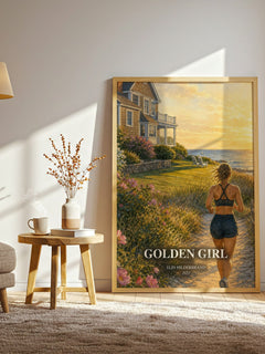 Golden Girl watercolour print in frame leaning in hallway – contemporary fiction wall art