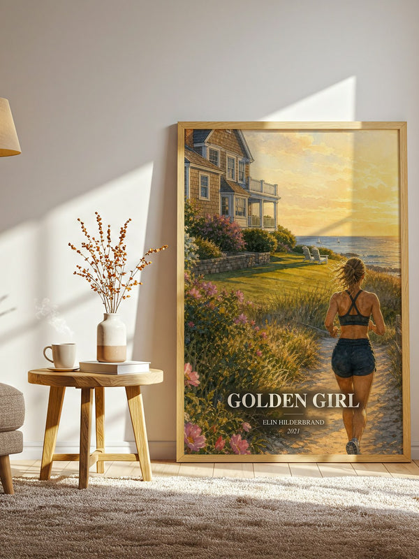 Golden Girl watercolour print in frame leaning in hallway – contemporary fiction wall art