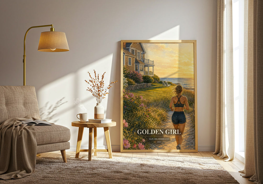 Golden Girl watercolour print in frame leaning in hallway – contemporary fiction wall art (mockup)