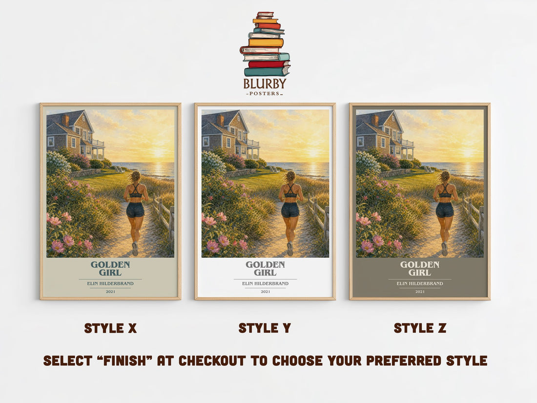 Golden Girl book cover print in frame leaning in hallway – contemporary fiction wall art (mockup)