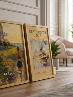 Golden Girl watercolour print framed by window – literary home decor