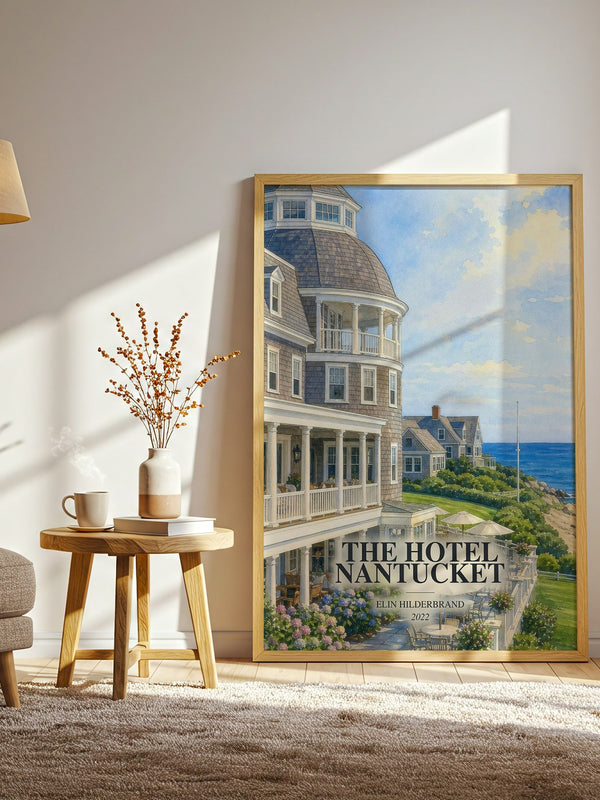 The Hotel Nantucket watercolour print in frame leaning in hallway – contemporary fiction wall art