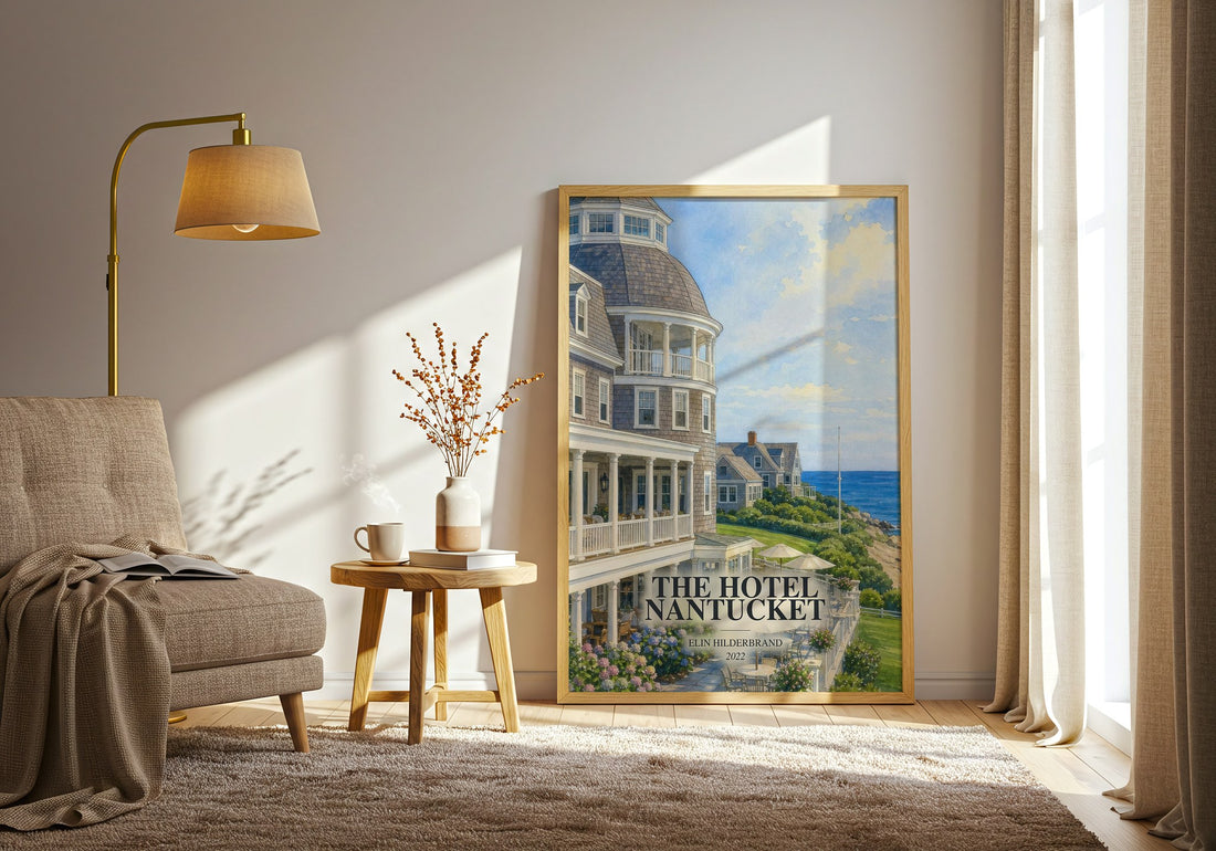 The Hotel Nantucket watercolour print in frame leaning in hallway – contemporary fiction wall art (mockup)