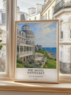 The Hotel Nantucket book cover print in frame leaning in hallway – contemporary fiction wall art