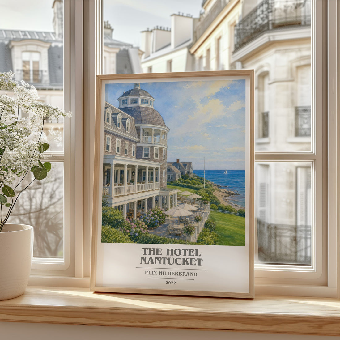 The Hotel Nantucket book cover print in frame leaning in hallway – contemporary fiction wall art