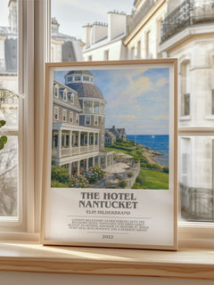 The Hotel Nantucket bookish print in frame leaning in hallway – contemporary fiction wall art