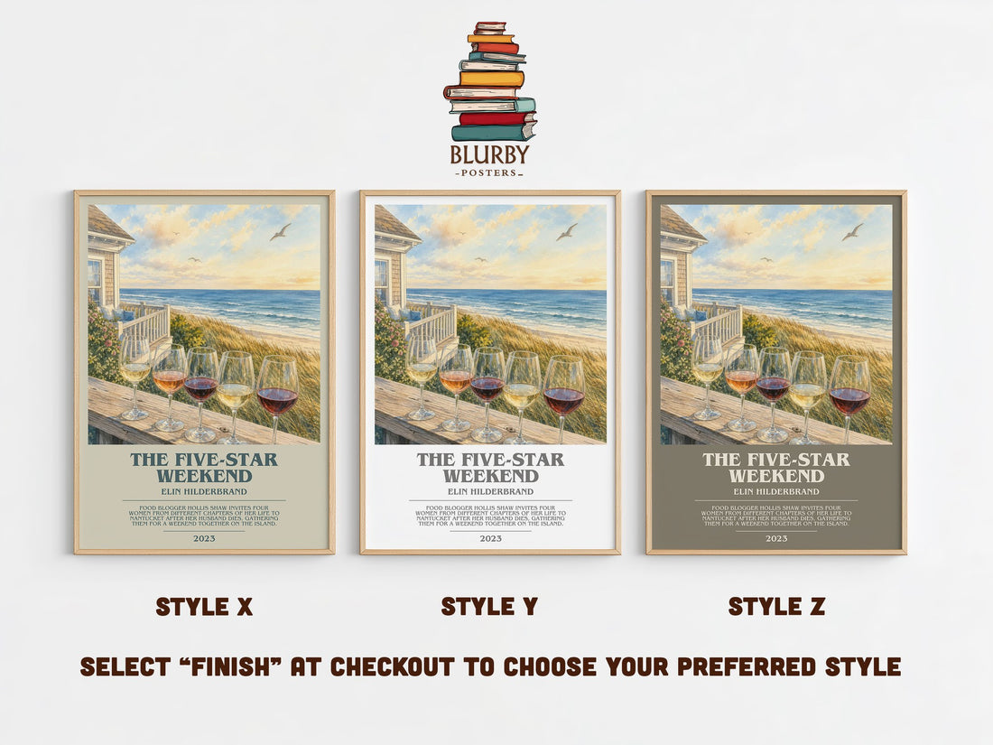 The Five-Star Weekend bookish print in frame leaning in hallway – contemporary fiction wall art (mockup)
