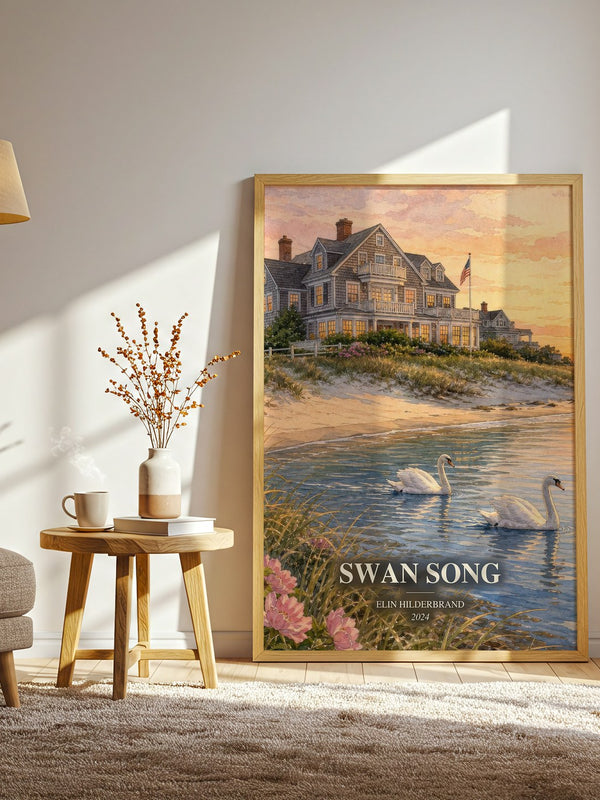 Swan Song watercolour print in frame leaning in hallway – contemporary fiction wall art