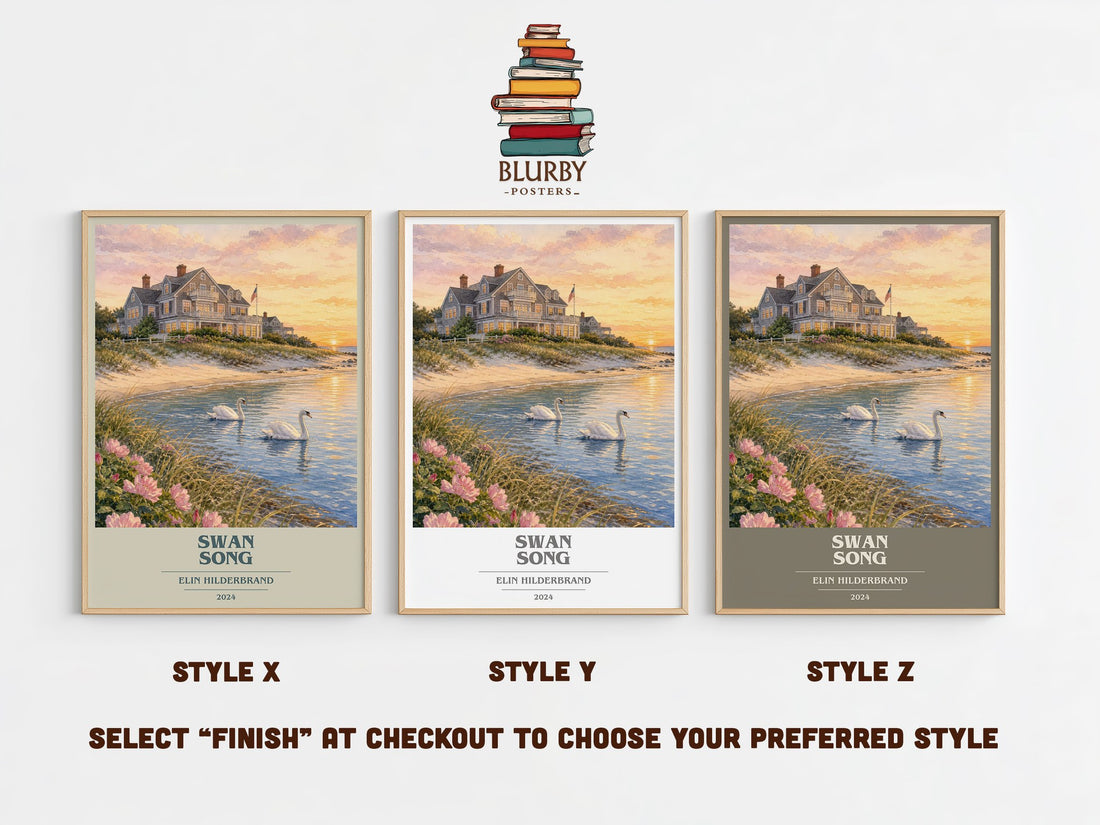 Swan Song book cover print in frame leaning in hallway – contemporary fiction wall art (mockup)
