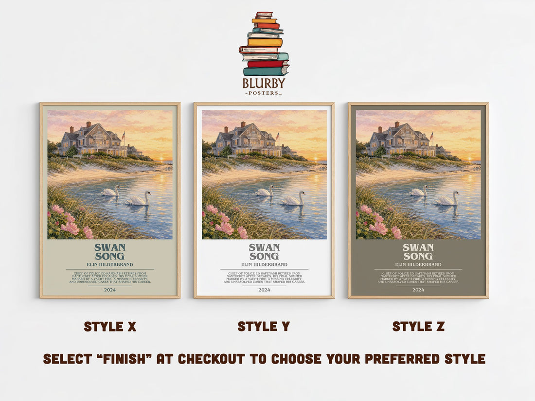 Swan Song bookish print in frame leaning in hallway – contemporary fiction wall art (mockup)