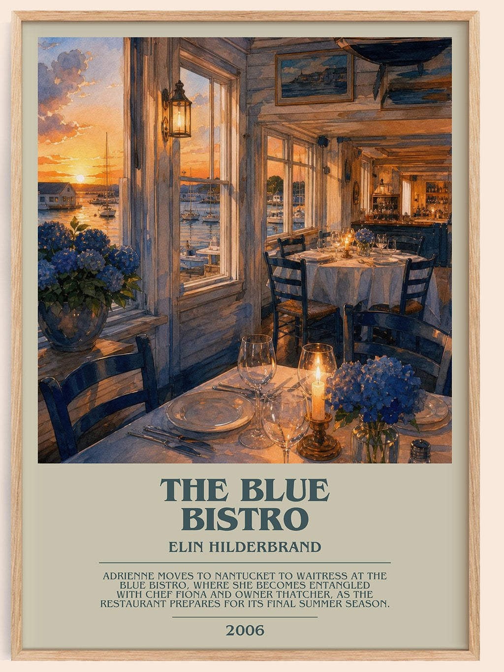 The Blue Bistro bookish book poster by Elin Hilderbrand – framed literary art print