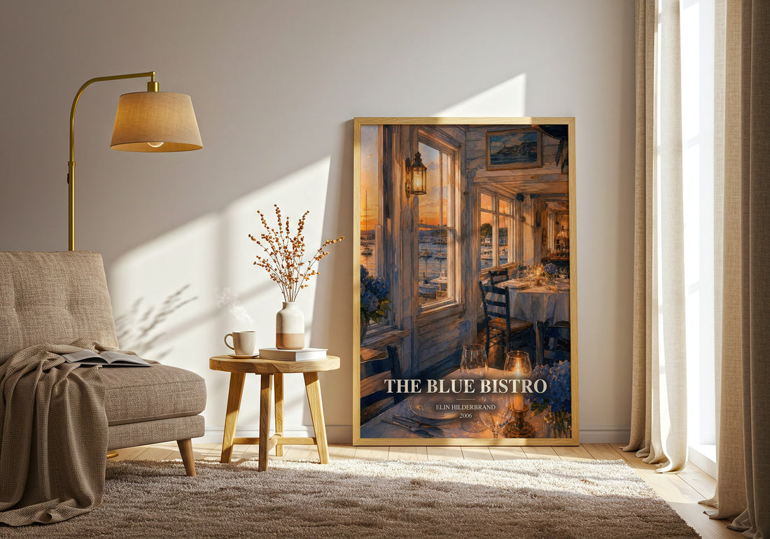 The Blue Bistro watercolour print in frame leaning in hallway – romance wall art (mockup)