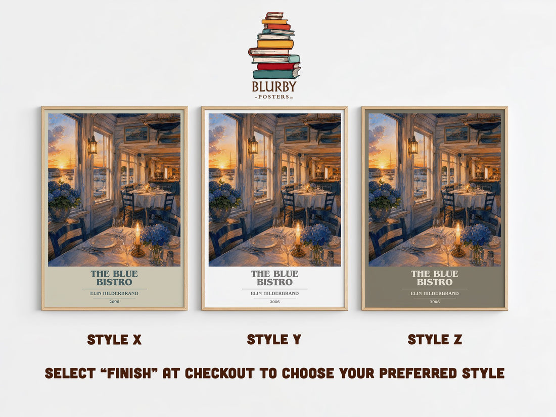 The Blue Bistro book cover print in frame leaning in hallway – romance wall art (mockup)