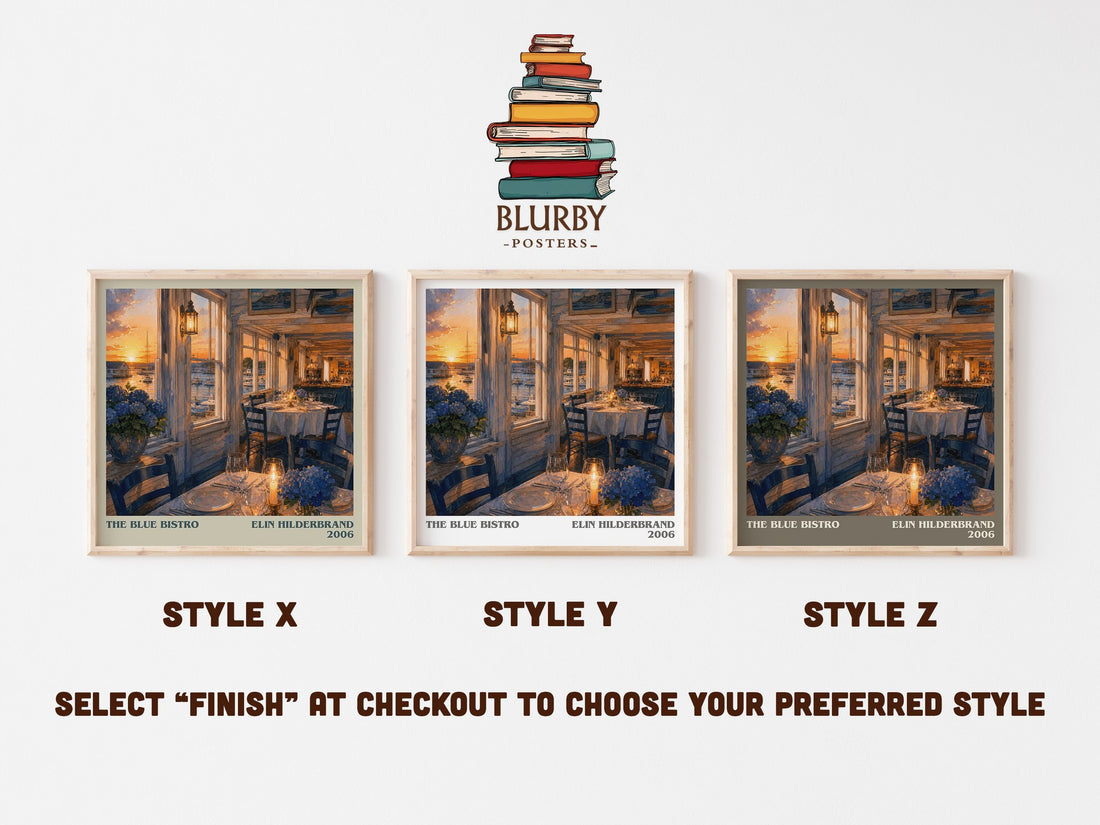 The Blue Bistro literary print in frame leaning in hallway – romance wall art (mockup)