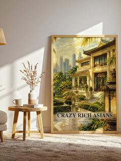 Crazy Rich Asians watercolour print in frame leaning in hallway – contemporary fiction wall art