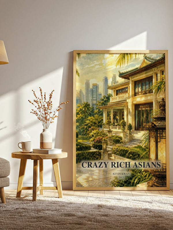 Crazy Rich Asians watercolour print in frame leaning in hallway – contemporary fiction wall art