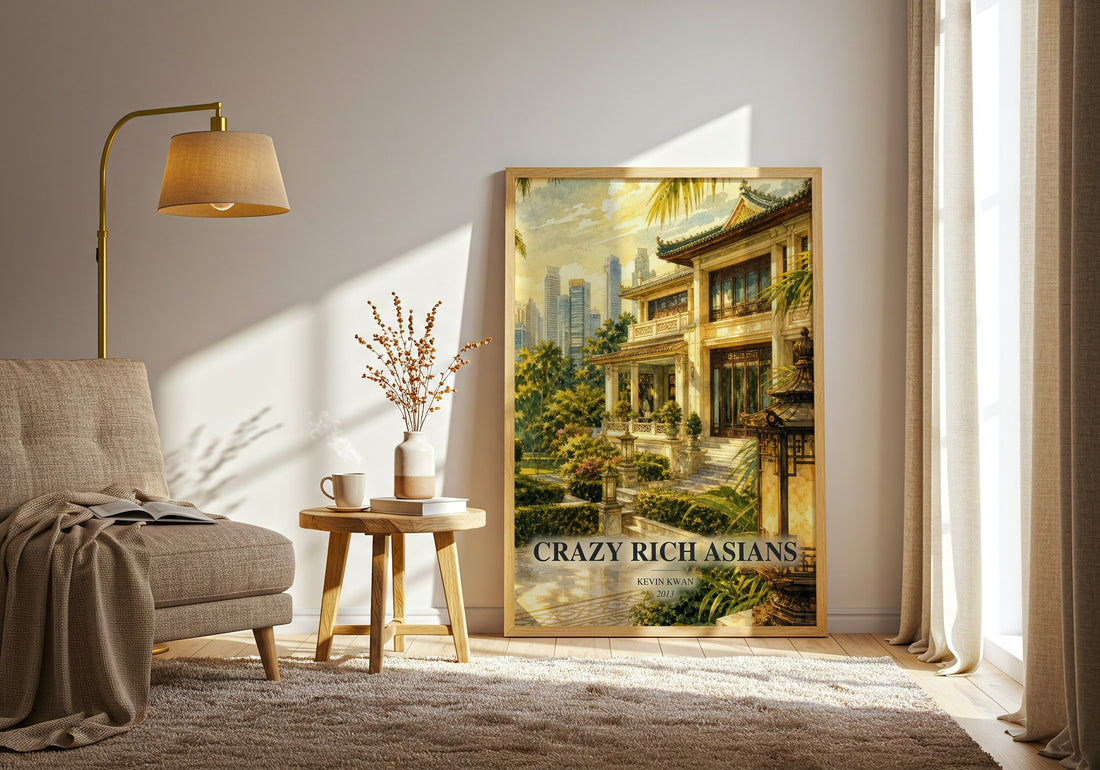Crazy Rich Asians watercolour print in frame leaning in hallway – contemporary fiction wall art (mockup)
