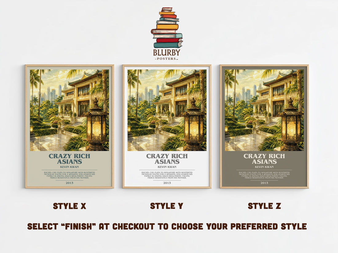 Crazy Rich Asians bookish print in frame leaning in hallway – contemporary fiction wall art (mockup)