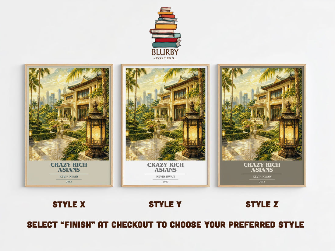 Crazy Rich Asians book cover print in frame leaning in hallway – contemporary fiction wall art (mockup)
