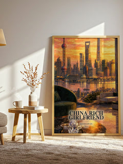 China Rich Girlfriend watercolour print in frame leaning in hallway – contemporary fiction wall art