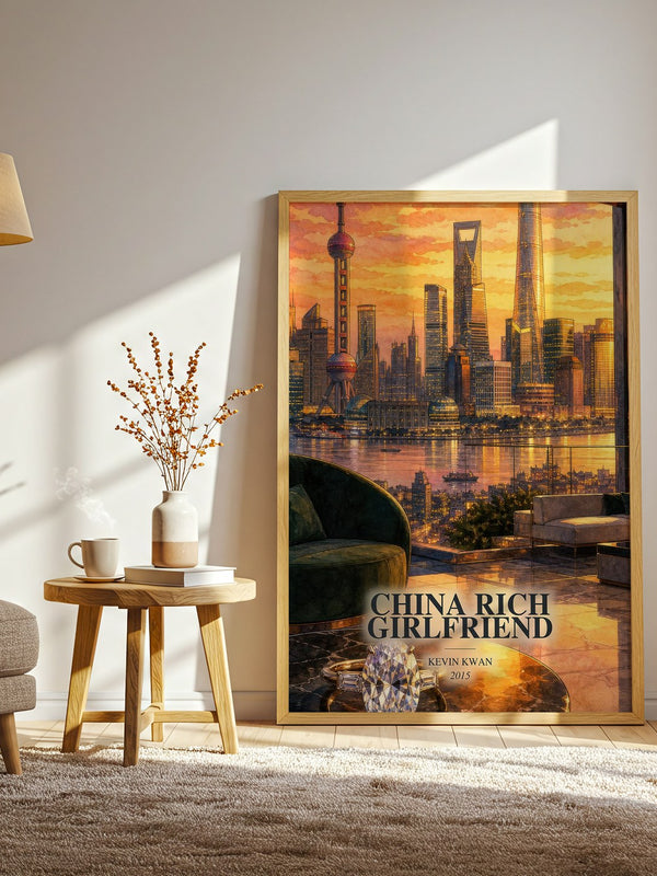 China Rich Girlfriend watercolour print in frame leaning in hallway – contemporary fiction wall art