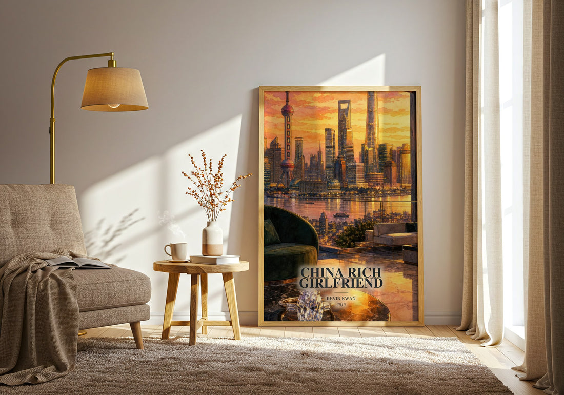 China Rich Girlfriend watercolour print in frame leaning in hallway – contemporary fiction wall art (mockup)