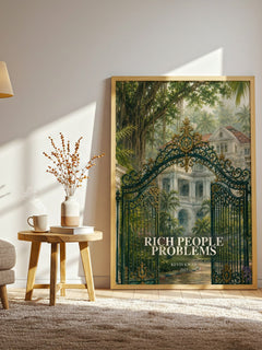 Rich People Problems watercolour print in frame leaning in hallway – contemporary fiction wall art