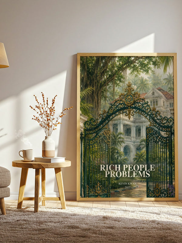 Rich People Problems watercolour print in frame leaning in hallway – contemporary fiction wall art