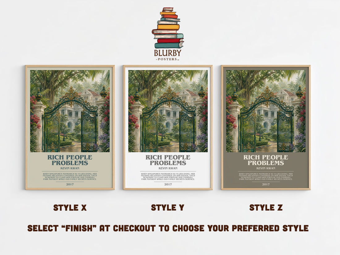 Rich People Problems bookish print in frame leaning in hallway – contemporary fiction wall art (mockup)