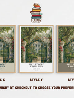 Rich People Problems book cover print in frame leaning in hallway – contemporary fiction wall art