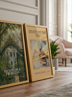 Rich People Problems watercolour print framed by window – literary home decor