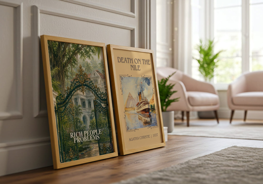 Rich People Problems watercolour print framed by window – literary home decor