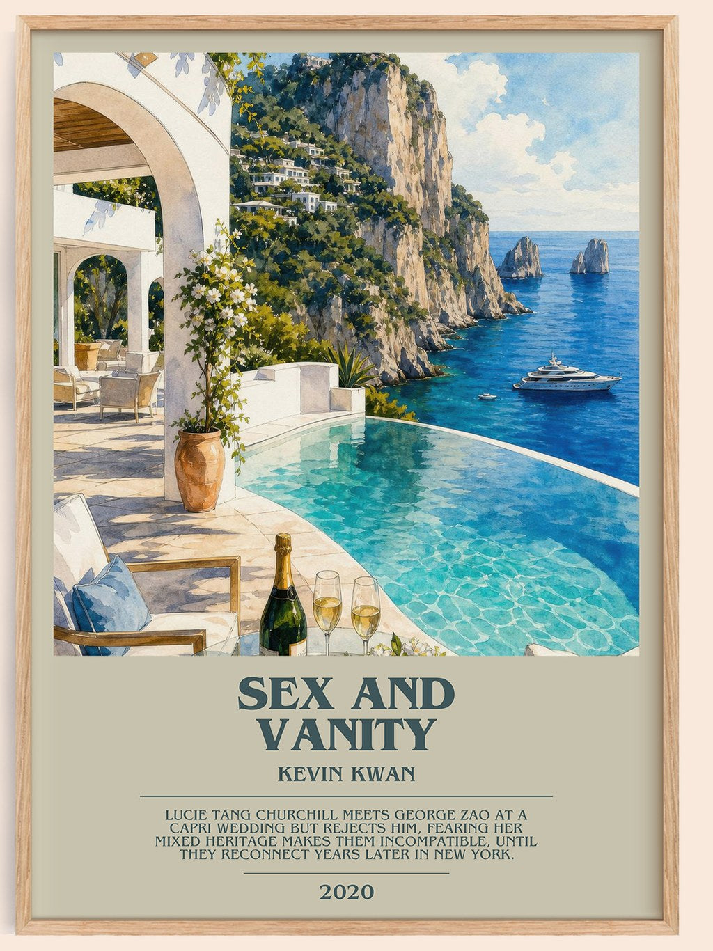 Sex and Vanity bookish book poster by Kevin Kwan – framed literary art print